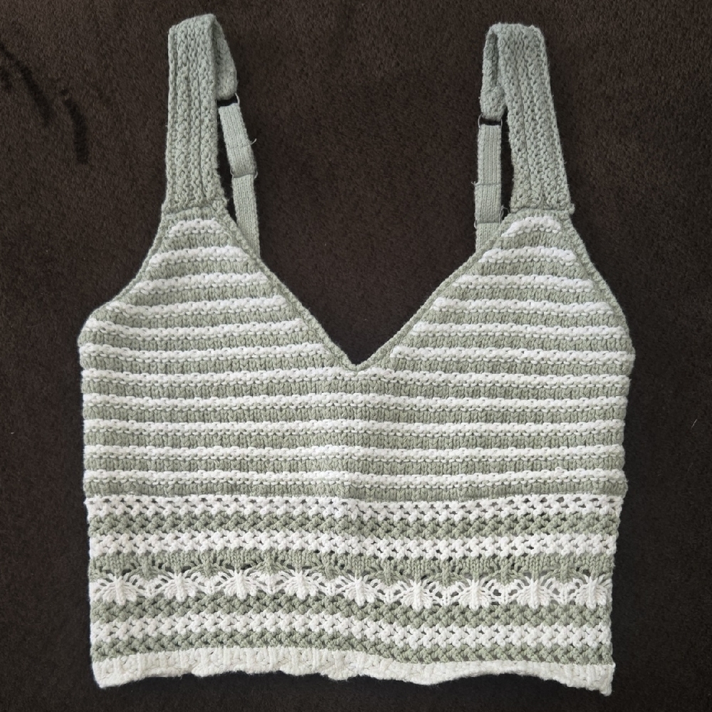 Hollister Sage and White Striped Crochet V-Neck Cami